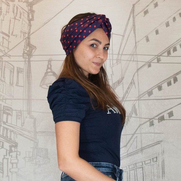 Authentic and New Gucci Navy Headband with Red Polka Dots and Interlocking GG - Picture 5 of 6